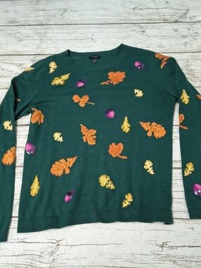 Talbots Fall Leaves Green Cotton Blend Lightweight Sweater Women Size Small